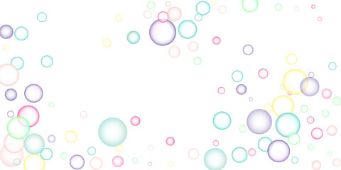 Soapy bright multicolored bubbles fly randomly on a white background. Vector illustration