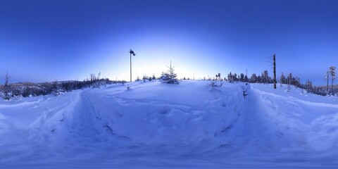Fototapeta na wymiar Winter Sunrise in the mountains in Winter HDRI Panorama