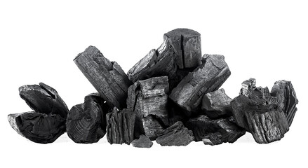 Pile of natural wood charcoal isolated on a white background. Hard wood charcoal. Black activated charcoal.
