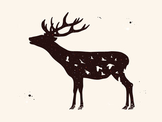 Deer silhouette. Abstract animal shape. Flying birds. Night starry sky