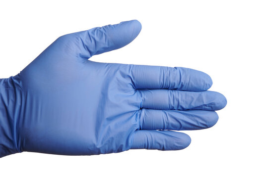 Nitrile gloved hand shows to the right direction. Photo of medic gloved hand isolated on a white background. Human hand points to the right. Blue nitrile glove on a human hand. Right surgical purity