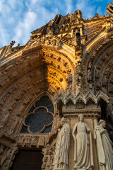 View in details on gothic Roman Catholic cathedral church Notre-Dame in central part of old French city Reims, France