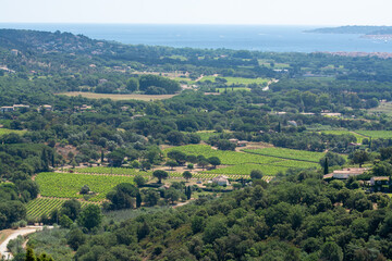 Fototapeta na wymiar View on valley and sea from ancient french village Grimaud, touristic destination with ruines fortress castle on top, Var, Provence, France