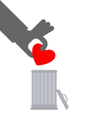 Throw away love. Heart in trash can. Throw Feelings in Trash