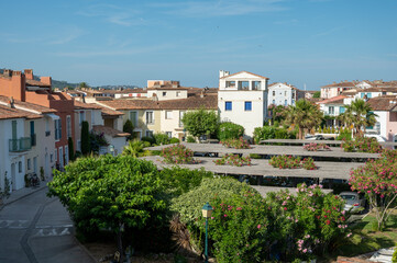 View on small houses and sailboats in Port Grimaud, French Riviera, Provence, France