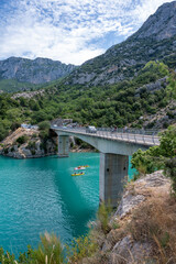 National park Grand canyon du Verdon and turquoise waters of mountains lake Sainte Croix and Verdon...