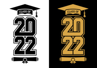 Lettering Class of 2022 for greeting, invitation card. Text for graduation design, congratulation event, T-shirt, party, high school or college graduate. Illustration, vector on transparent and black  - obrazy, fototapety, plakaty