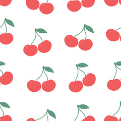 seamless pattern doodle flat cherry on a white background. illustration of a branch of cute cherry berries. pattern for textiles, wallpaper, wrapping paper
