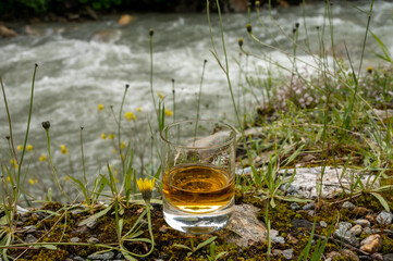 Glass of strong scotch single malt whisky with fast flowing mountain river and wild flowers on background