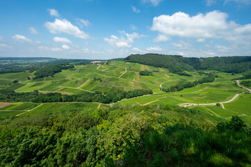Obraz premium Panoramic view on green hilly vineyards near wine village Chateau-Chalon in Jura, France