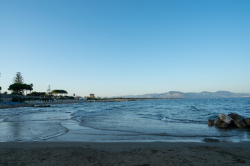 View on sandy beaches of San Felice Circeo, ancient Italian city in province Latina on Tyrrhenian sea, tourists vacation destination