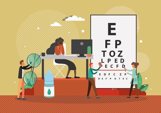 Doctor oculist, optometrist, ophthalmologist checking patient eyesight, vector illustration. Eye test, vision correction