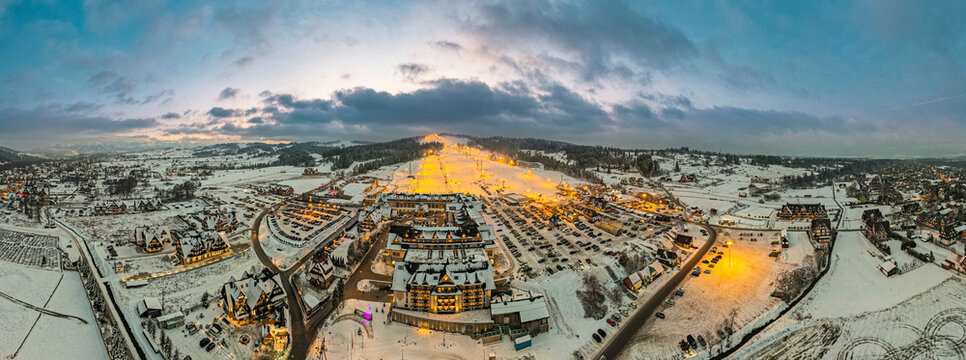 Aerial Panorama of Bania and Kotelnica Ski Resort and Slope in Poland