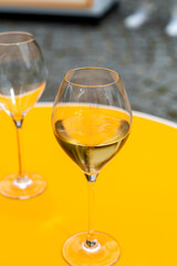 Tasting of brut champagne sparkling wine during visit caves in champagne house in Reims, France
