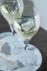 Blanc de blancs brut champagne sparkling wine made from chardonnay grapes growing on white chalk soils in Cote des Blances near Epernay, Champagne, France