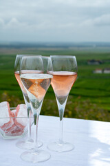 Tasting of white and rose brut champagne wine with view on green pinot noir grand cru vineyards of famous champagne houses in Montagne de Reims near Verzenay, Champagne, France