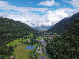 Panoramic view on green Alpine spruce and pine tree forests and meadows near...