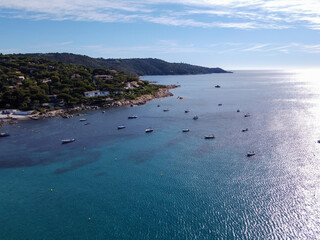 Summer holidays on French Riviera, aerial view on rocks and sandy beach Escalet near Ramatuelle and Saint-Tropez, Var, France