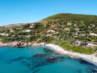 Naklejka premium Summer holidays on French Riviera, aerial view on rocks and sandy beach Escalet near Ramatuelle and Saint-Tropez, Var, France