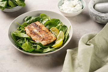 A plate with fresh green raw spinach and fried wild salmon, lime slices, cream cheese sauce on grey concrete surface