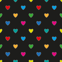 Bright multicolored hearts on a black background. Seamless pattern for any use.