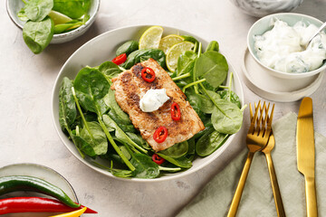 A plate with fresh green raw spinach and fried wild salmon, lime slices, cream cheese sauce, red chilli pepper on grey concrete surface