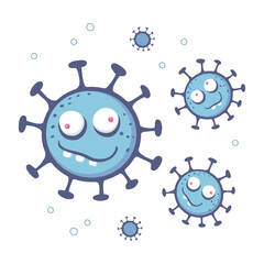 Blue cartoon Corona Virus. Vector illustration of viruses for children. Virus and microbe with faces. Cute germs and smiling pathogen monsters. COVID