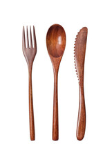 Eco wooden spoon fork and knife isolated on white background. Zero waste concept.