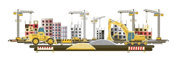 Obraz na płótnie Canvas Building. Modern residential and industrial buildings. Lifting crane. Bulldozer and excavator. Modern technologies and equipment. Isolated illustration vector