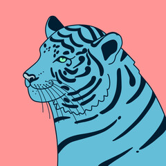 New Year's illustration of a blue tiger on a pink background. The Water Tiger is the symbol of the Chinese New Year 2022. It is suitable for use for postcards, gifts, websites, social media.