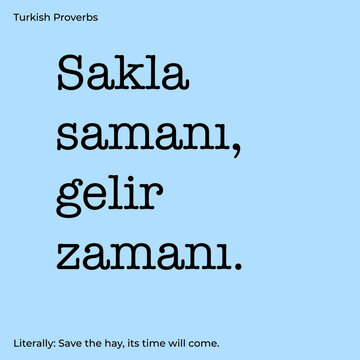 Turkish proverb meaning "Save the hay, its time will come."