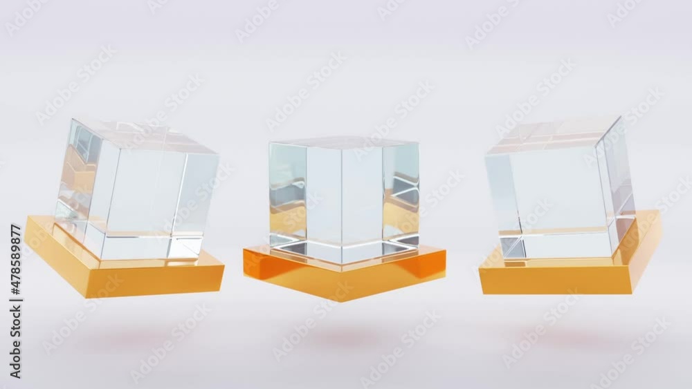 Wall mural Glass or plastic cubes on golden stands. Blank clear square showcase, exhibit podium, crystal block on white background. Mockup acrylic or plexiglass box for display. Realistic set 3d render animation