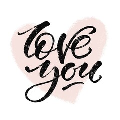 Creative artistic hand drawn card. Vector illustration. Love template. Love you words with heart shape textured background.