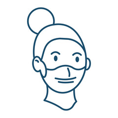 Fototapeta premium Simple blue linear icon, girl in medical mask. Isolated on white