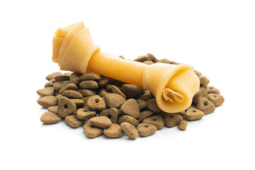 Delicacy for dogs. Chewing bone and dried food for dog