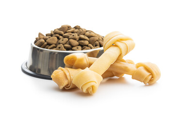 Delicacy for dogs. Chewing bone and dried food for dog