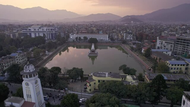 Flying towards the Queens Pond in Kathmandu Nepal, Rani Pokhari.