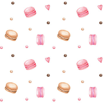Seamless pattern with macaroon cookies; watercolor hand drawn illustration; with white isolated background