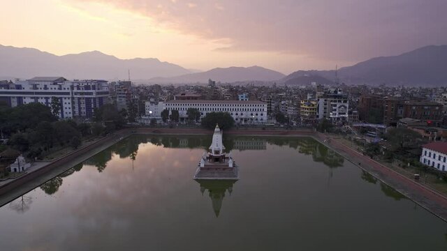 Rani Pokhari during sunset in Kathmandu Nepal from aerial view over the pond.