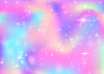 Fairy background with rainbow mesh.  Liquid universe banner in princess colors. Fantasy gradient backdrop with hologram. Holographic fairy background with magic sparkles, stars and blurs.