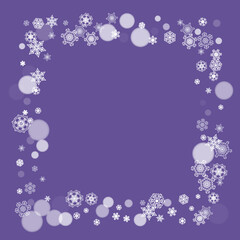 Snow window with ultra violet snowflakes. New Year snowy backdrop. Winter border for flyer, gift card, party invite, retail offer and ad. Christmas trendy background. Holiday banner with snow window