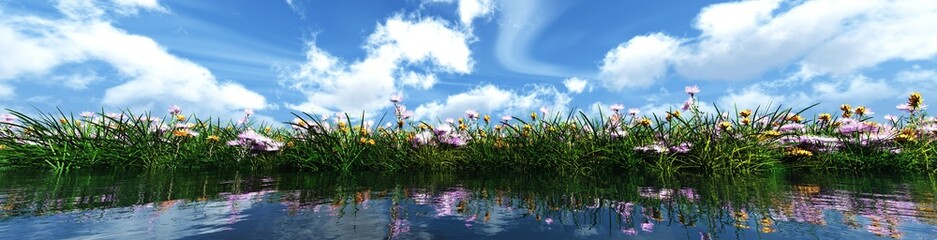 Grass and flowers against the sky above the water surface, green grass and the sky with clouds, glade above the water, 3D rendering © ustas