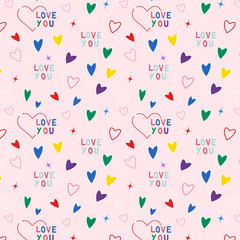 Seamless pattern Valentines Day background Heats, stars and text Love You Vector illustration