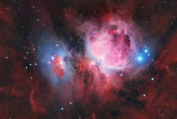 The Orion Nebula (Messier 42) is a bright nebula in the constellation of Orion. It is one of the brightest nebulae, and is visible to the naked eye in the night sky. M42 is located at a distance of 1, - obrazy, fototapety, plakaty