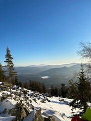 sunrise on the slope of the mountain in winter ski resort. High quality photo