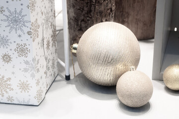Sparkly winter decorations - glittering balls and a box of presents