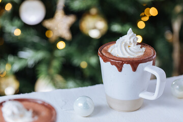 Cups of Hot Chocolate in a festive decoration, excellent illustration of warm drink for celebration and comfort 