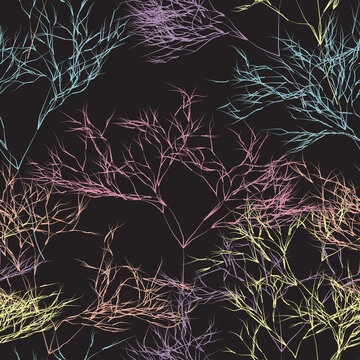 Seamless pattern with variegated feathers on a black background. Theme for print on fabric, pillow, packaging.