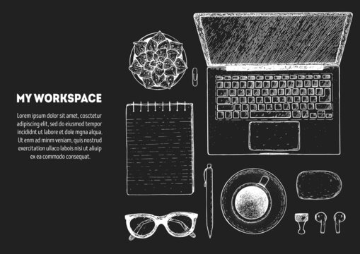 Office desk table top view sketch. Workspace with laptop, notebook, coffee cup, plant, pencil, pen, glasses, headphones. Hand drawn vector illustration. Business concept.