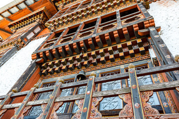 Ornate facade of Drametse Goemba, the biggest and most important monastery in East Bhutan, Asia